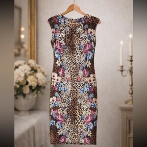Thalia Sodi Multicolor Floral Leopard Midi Dress Size Small 4-6